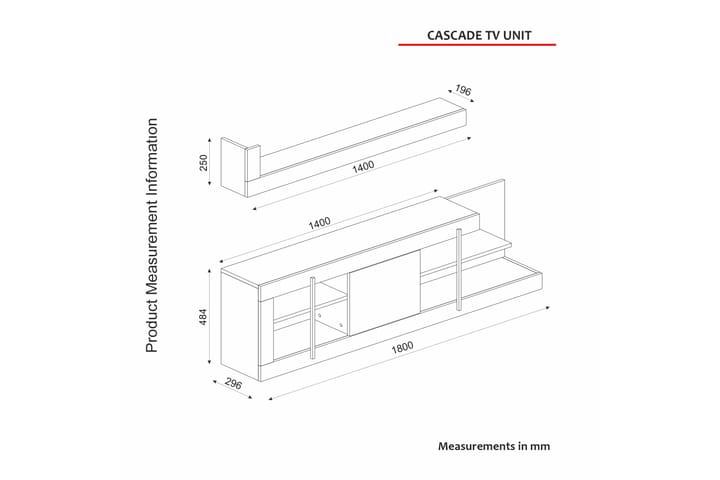 Cascade tv-kalustesetti 180x29,6 cm valkoinen - Hanah Home - Huonekalut - TV- & Mediakalusteet - TV-kalustepaketti