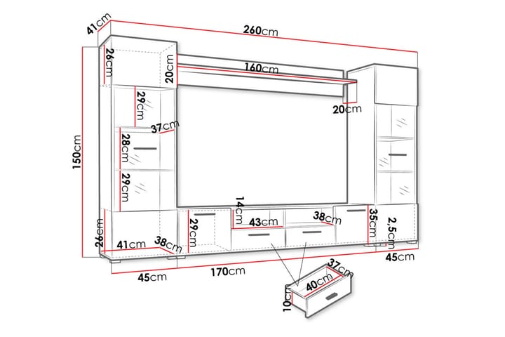 Vidara Moderni TV-mediakaluste vitriinikaapilla ja LED-valaistuksella 260 cm leveä 150 cm korkea - Musta - Huonekalut - TV- & Mediakalusteet - TV-kalustepaketti