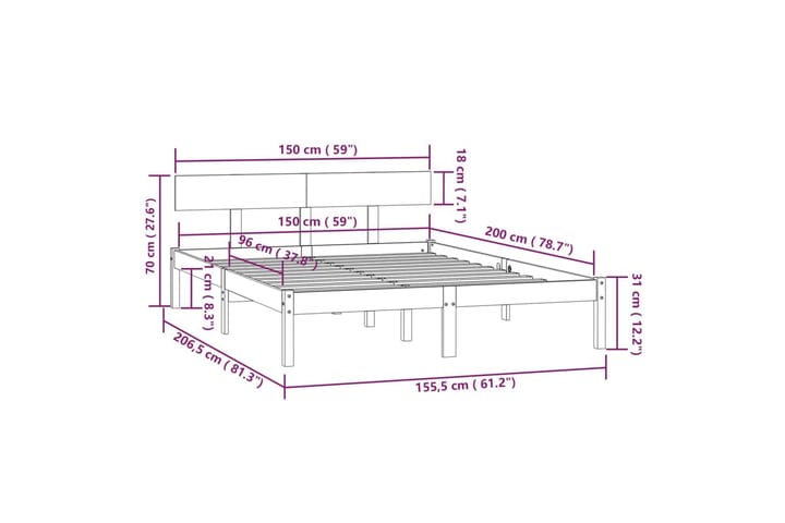 Sängynrunko harmaa täysi mänty 150x200 cm UK King - Harmaa - Huonekalut - Pöytä & ruokailuryhmä - Apupöytä & sivupöytä - Yöpöytä