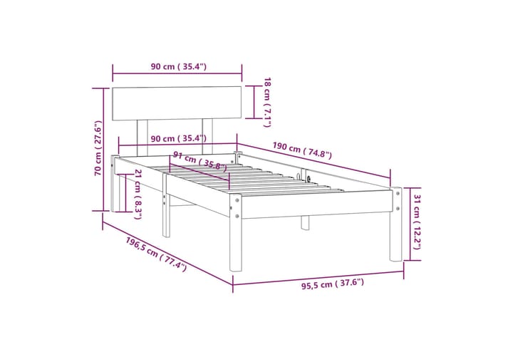 Sängynrunko harmaa täysi mänty 90x190 cm UK Single - Harmaa - Huonekalut - Pöytä & ruokailuryhmä - Apupöytä & sivupöytä - Yöpöytä