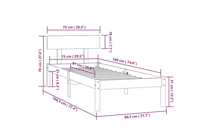 Sängynrunko täysi mänty 75x190 cm UK Small Single - Ruskea - Huonekalut - Pöytä & ruokailuryhmä - Apupöytä & sivupöytä - Yöpöytä