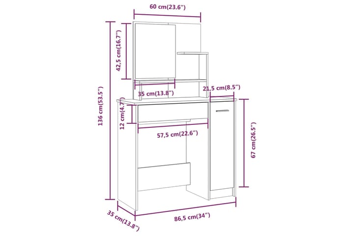 beBasic Peilipöytä savutammi 86,5x35x136 cm - Ruskea - Huonekalut - Pöytä & ruokailuryhmä - Meikki- & kampauspöydät