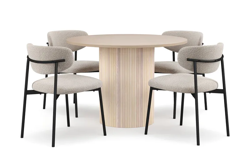 Kopparbo Ruokapöytä 106 cm 4 Lucy Ruokatuolilla, Valkoinen / Greige Bouclé / Metallijalat Musta