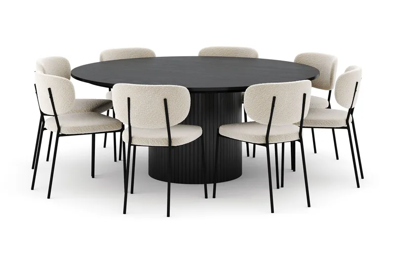Kopparbo Suuri Pyöreä Ruokapöytä 180 cm ja 8 Gemmiano Tuolia, Musta