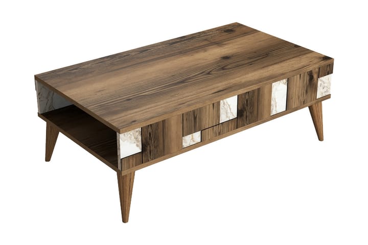 Sohvapöytä Moyano 105 cm - Tummanruskea/Valkoinen - Sohvapöytä säilytystilalla - Sohvapöytä - Peilipöytä - Säädettävä sohvapöytä - Kokoontaitettavat pöydät - Marmoripöydät - Sohvapöytä renkailla
