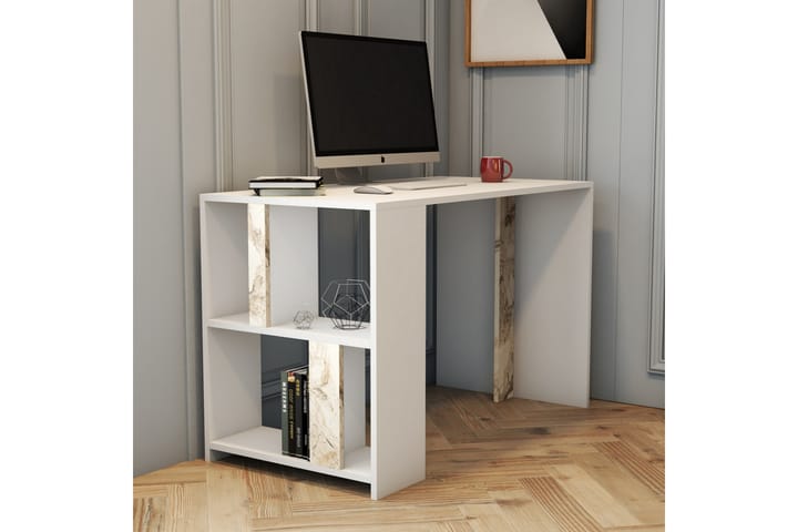 Kirjoituspöytä Tibani 120 cm Säilytyksellä Hylly Marmorikuvi - Valkoinen - Tietokonepöytä
 - Sähköpöytä & säädettävä työpöytä - Kirjoituspöytä - Kokoontaitettavat pöydät - Marmoripöydät