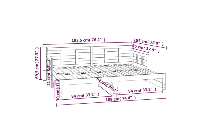 beBasic Sohvasänky ulosvedettävä valkoinen täysi mänty 2x (90x190) cm - Valkoinen - Huonekalut - Sänky - Sänkykehikot & sängynrungot