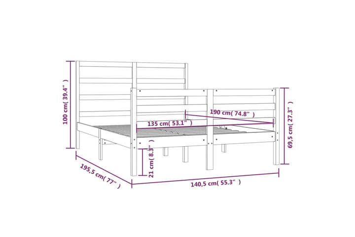 Sängynrunko harmaa täysi mänty 135x190 cm 4FT6 Double - Harmaa - Huonekalut - Sänky - Sänkykehikot & sängynrungot
