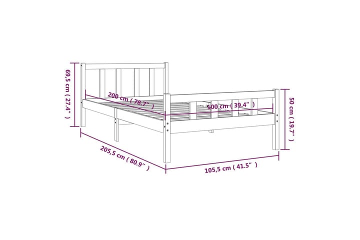Sängynrunko harmaa täysi puu 100x200 cm - Harmaa - Huonekalut - Sänky - Sänkykehikot & sängynrungot