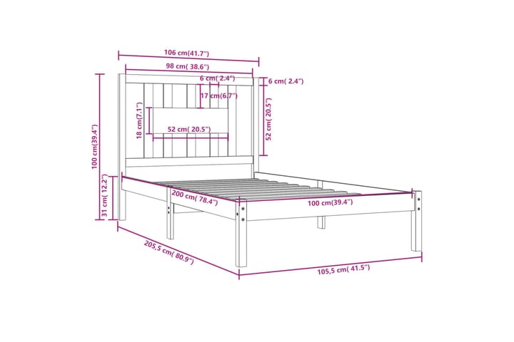 Sängynrunko musta täysi mänty 100x200 cm - Musta - Huonekalut - Sänky - Sänkykehikot & sängynrungot