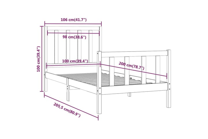 Sängynrunko musta täysi puu 100x200 cm - Musta - Huonekalut - Sänky - Sänkykehikot & sängynrungot