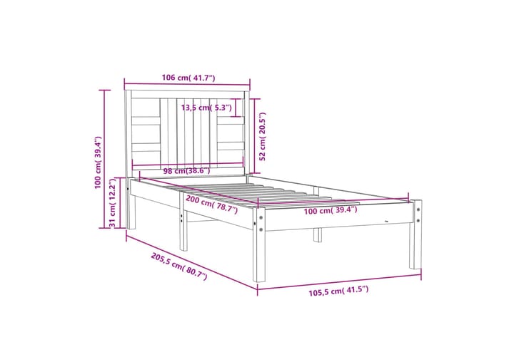 Sängynrunko musta täysi puu 100x200 cm - Musta - Huonekalut - Sänky - Sänkykehikot & sängynrungot