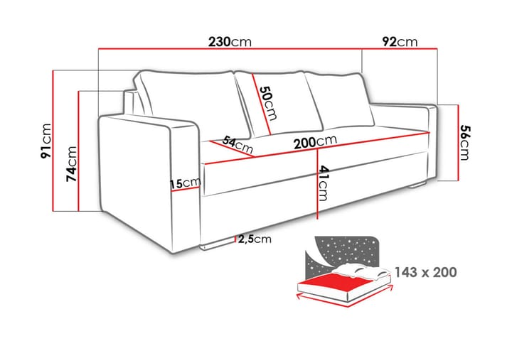 Beno Vuodesohva 230x92x91 cm - Huonekalut - Sohva - Vuodesohva - 3 istuttava vuodesohva