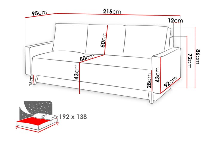 Oviedo Vuodesohva 215x95x86 cm - Huonekalut - Sohva - Vuodesohva - 3 istuttava vuodesohva