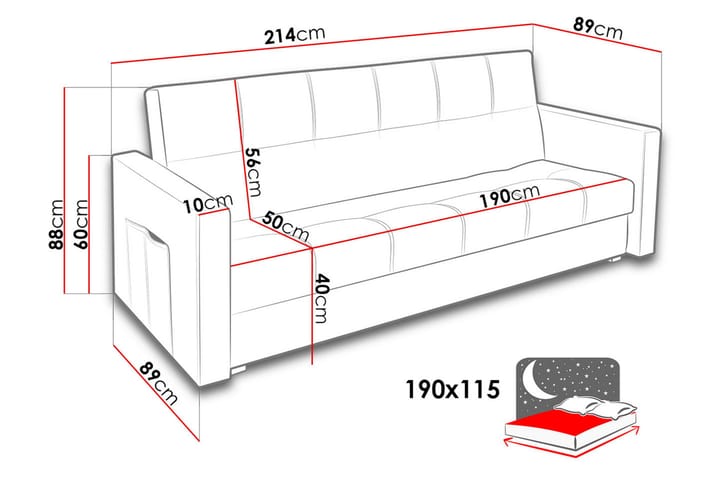 Vuodesohva Bona 214x89x88 cm - Musta / Sininen - Huonekalut - Sohva - Vuodesohva - 3 istuttava vuodesohva