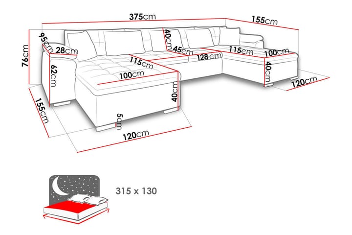 Wicenza U-Vuodesohva 375x155x76 cm - Huonekalut - Sohva - Vuodesohva - Divaanivuodesohva