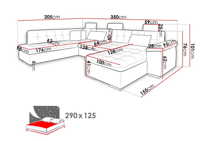 Presto U-vuodesohva 350x205x101 cm - Vuodesohva - Nahkasohva - Divaanivuodesohva