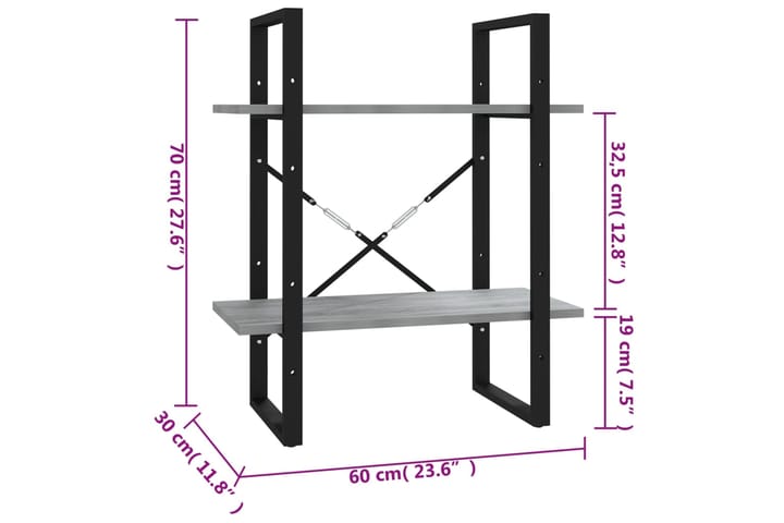 beBasic 2-kerroksinen Kirjahylly harmaa Sonoma 60x30x70 cm tekninen puu - Harmaa - Säilytys - Hylly - Kirjahylly