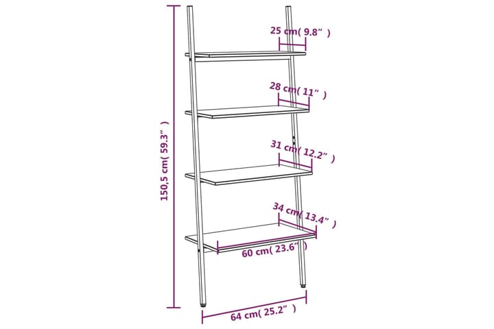 beBasic 4-kerroksinen kalteva hylly tummanrusk. ja musta 64x34x150,5 cm - Ruskea - Säilytys - Hylly - Kirjahylly