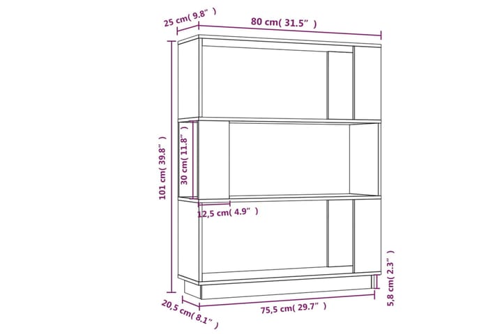 beBasic Kirjahylly/tilanjakaja harmaa 80x25x101 cm täysi mänty - Harmaa - Säilytys - Hylly - Kirjahylly