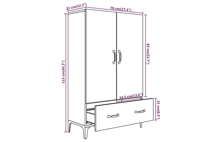 beBasic Kaappi harmaa Sonoma 70x31x115 cm tekninen puu - Harmaa - Säilytys - Kaappi - Säilytyskaappi