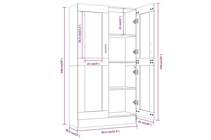 beBasic Vitriinikaappi savutammi 82,5x30,5x150 cm tekninen puu - Ruskea - Säilytys - Kaappi - Vitriini