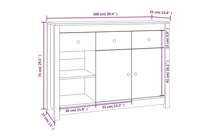 beBasic Senkki 100x35x74 cm täysi mänty - Ruskea - Säilytys - Säilytyskalusteet - Senkki