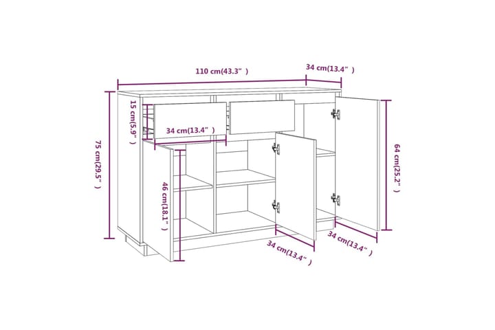 beBasic Senkki 110x34x75 cm täysi mänty - Ruskea - Säilytys - Säilytyskalusteet - Senkki