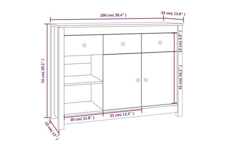 beBasic Senkki harmaa 100x35x74 cm täysi mänty - Harmaa - Säilytys - Säilytyskalusteet - Senkki