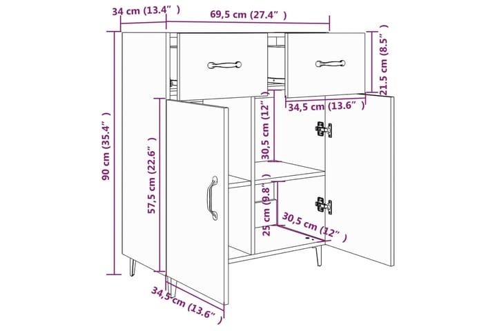 beBasic Senkki harmaa Sonoma 69,5x34x90 cm tekninen puu - Harmaa - Säilytys - Säilytyskalusteet - Senkki