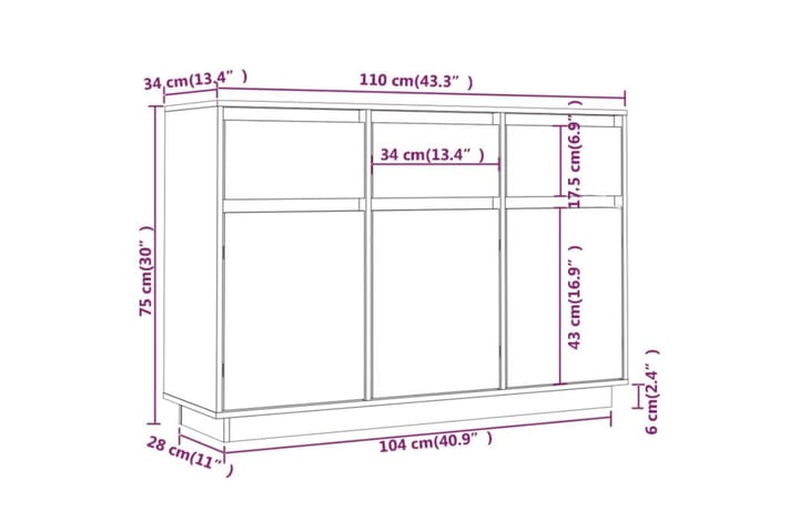 beBasic Senkki valkoinen 110x34x75 cm täysi mänty - Valkoinen - Säilytys - Säilytyskalusteet - Senkki