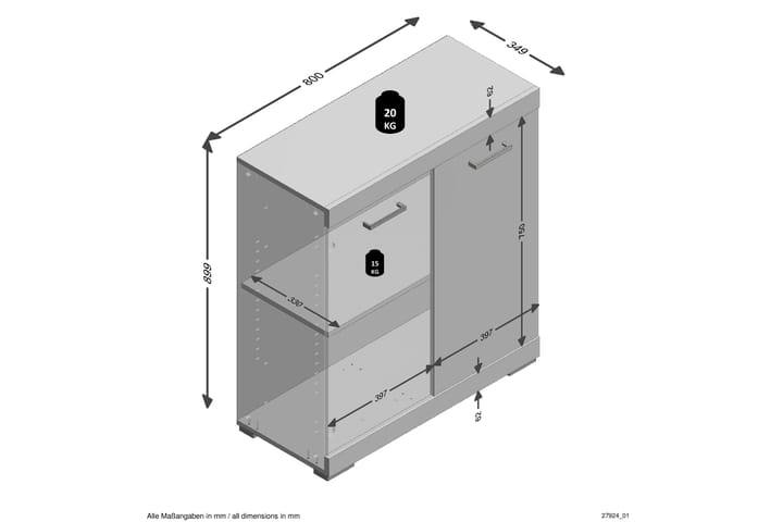 Senkki Rhonda 80x90x35 cm 2 ovea - Vaalea Tammi - Säilytys - Säilytyskalusteet - Senkki