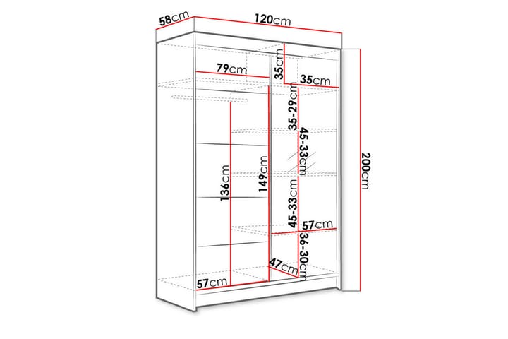 LUDGERSHALL Vaatekaappi Peilillä 120x200 cm Musta/Valkoinen - Musta/Valkoinen - Säilytys - Vaatesäilytys - Vaatekaappi