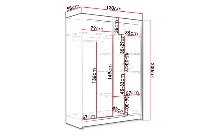 LUDGERSHALL Vaatekaappi Peilillä 120x200 cm Musta/Valkoinen - Musta/Valkoinen - Säilytys - Vaatesäilytys - Vaatekaappi