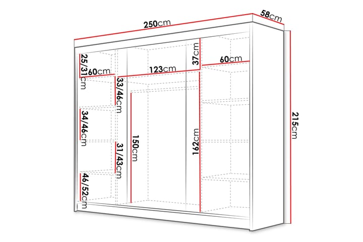 RHENE Vaatekaappi 250x215 cm Valkoinen/Musta - Valkoinen/Musta - Säilytys - Vaatesäilytys - Vaatekaappi