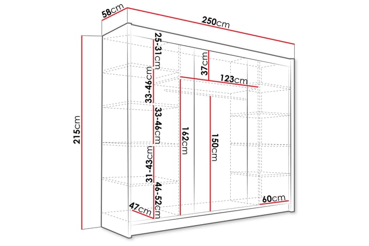 SIA Vaatekaappi Peilillä 250x215 cm Valkoinen - Valkoinen - Säilytys - Vaatesäilytys - Vaatekaappi