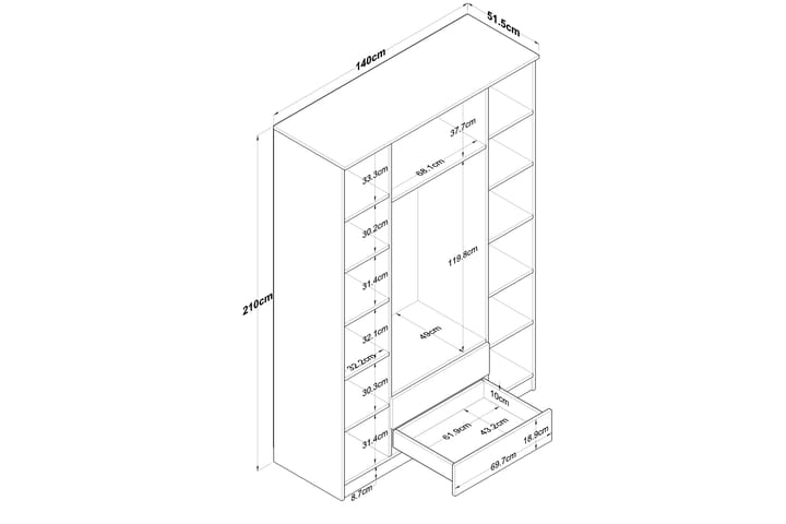 Vaatekaappi peilillä Cambrian - Pähkinä/Valkoinen - Säilytys - Vaatesäilytys - Vaatekaappi
