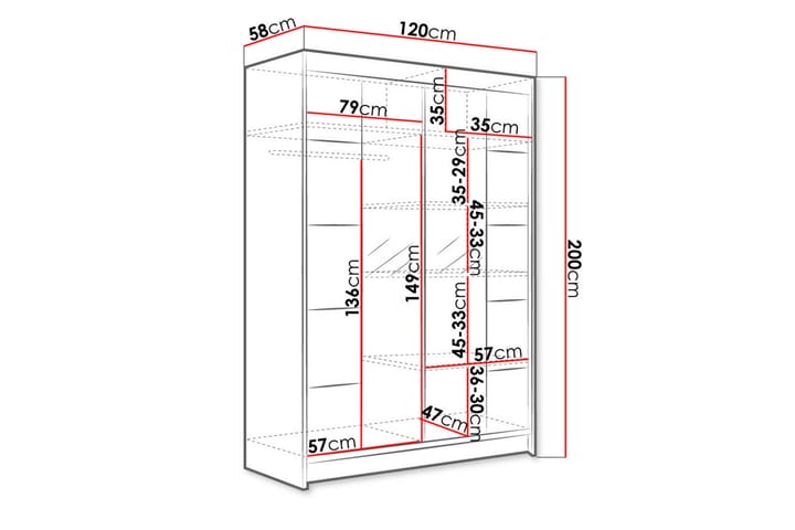 Vaatekaappi peilillä Ottery 120x200 cm - Musta/Valkoinen - Säilytys - Vaatesäilytys - Vaatekaappi