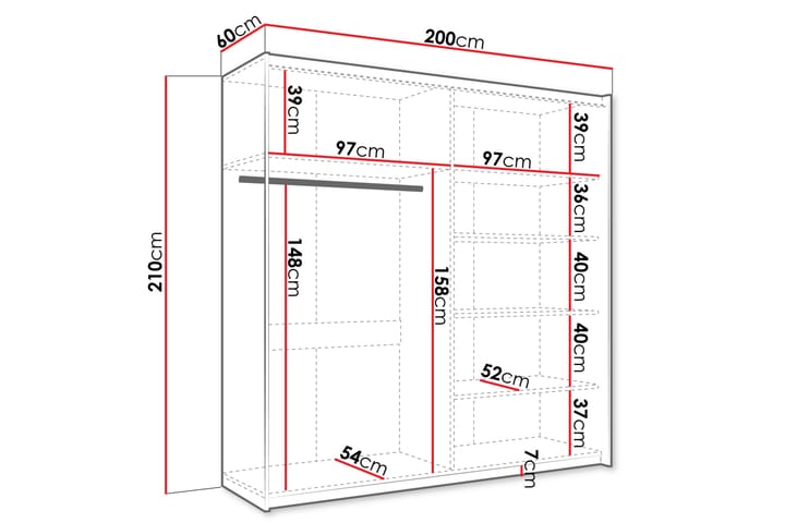 Vaatekaappi peilillä Haparanda 200 cm - Valkoinen - Säilytys - Vaatesäilytys - Vaatekaappi