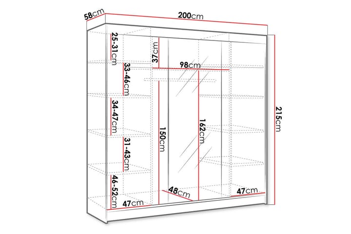 Vaatekaappi peilillä Cyria 200x215 cm - Ruskea/Musta - Säilytys - Vaatesäilytys - Vaatekaappi