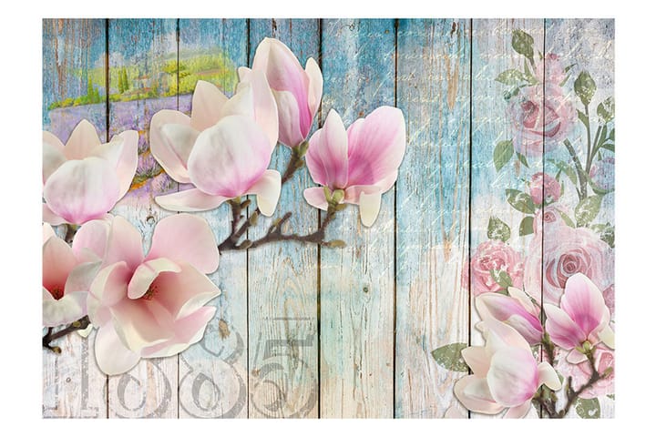 Valokuvatapetti Pink Flowers On Wood 100x70 - Artgeist sp. z o. o. - Valokuvatapetit