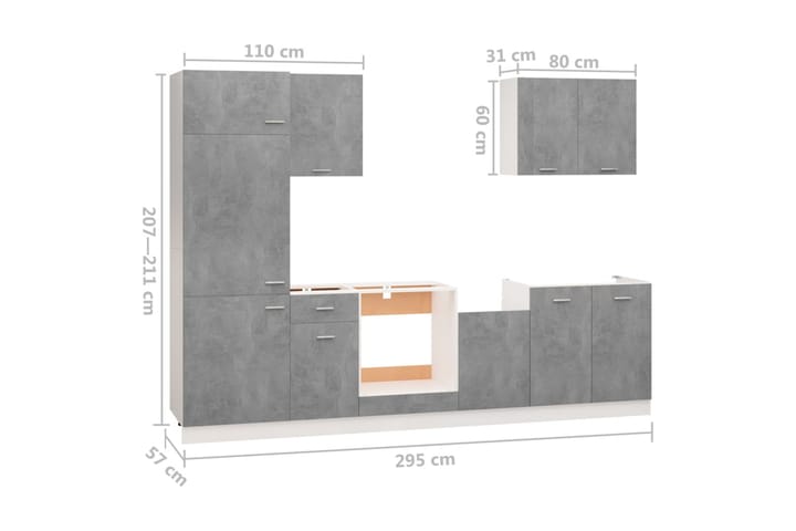 7-osainen Keittiön kaappisarja betoninharmaa lastulevy - Harmaa - Keittiökaappi - Säilytyskaappi