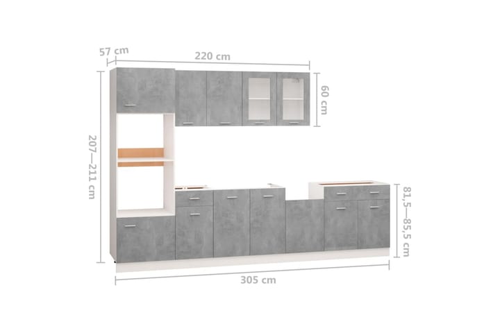 7-osainen Keittiön kaappisarja betoninharmaa lastulevy - Harmaa - Keittiökaappi - Säilytyskaappi