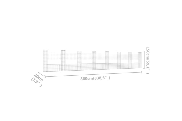 U-muotoiset kivikorit 8 pylväällä rauta 860x20x150 cm - Hopea - Talo & remontointi - Näkösuojat & aitaukset - Muuri - Kivikori