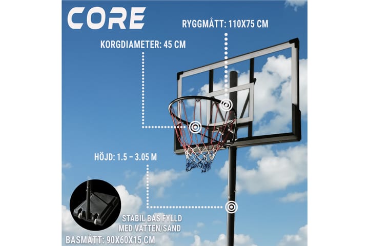 Core Koripalloteline 1,5-3,05 m - Musta - Koripallo